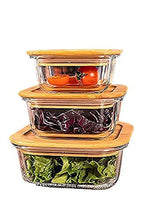Rectangle Glass Lunch Box Set of 3 with Wooden Lids for Food Storage