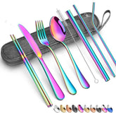 Rainbow 8-Piece Portable Stainless Steel Cutlery Set with Straws & Brush — Kids & Adults Dinnerware Gift