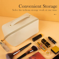 Leather Cosmetic Travel Bag with Handle & Divider, Large Capacity