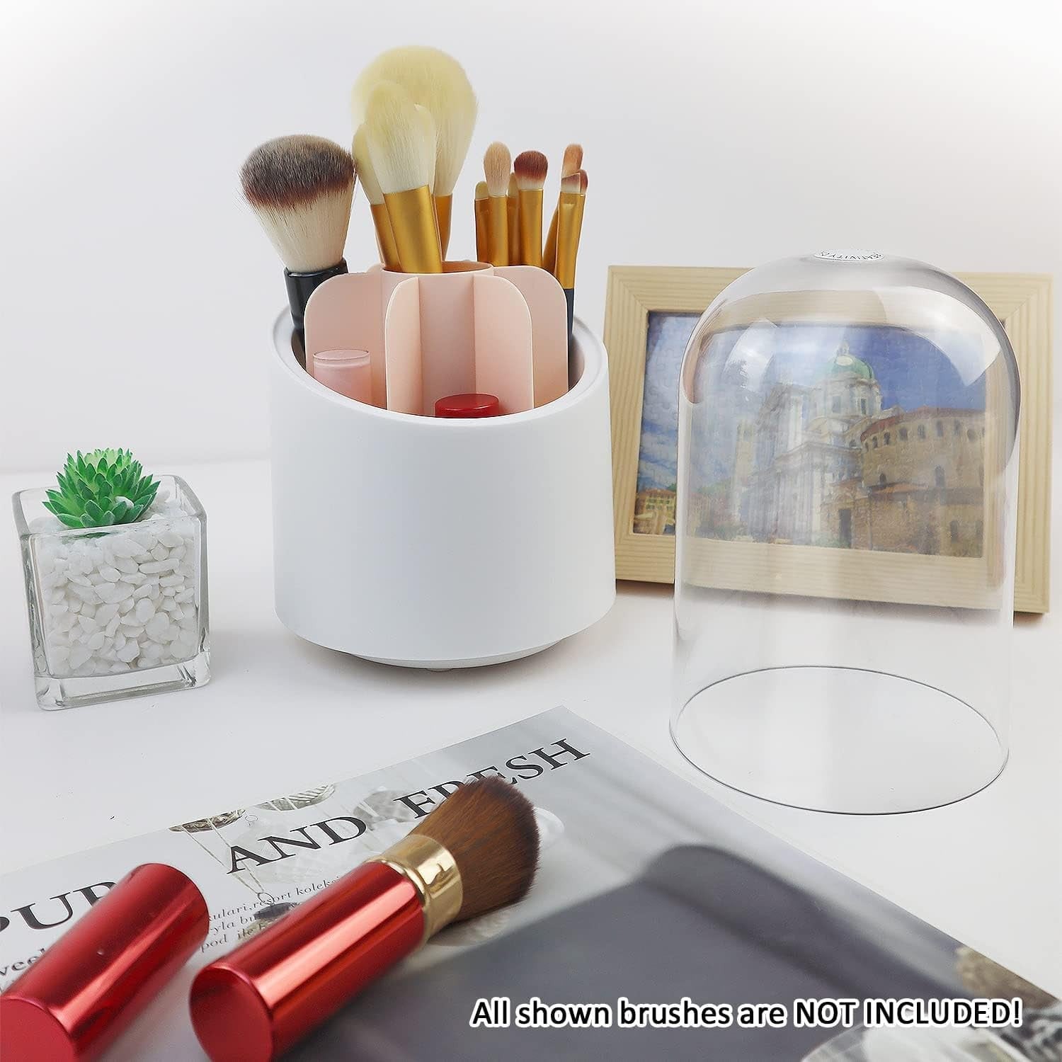 360° Rotating Makeup Brush Holder with Lid and Compartments