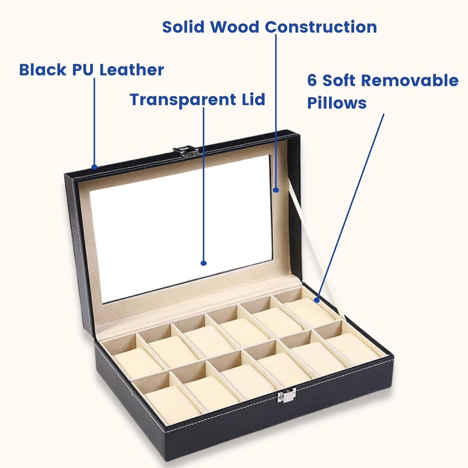 Genuine Leather 12-Slot Watch Organizer with Glass Display Case