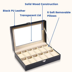 Genuine Leather 12-Slot Watch Organizer with Glass Display Case