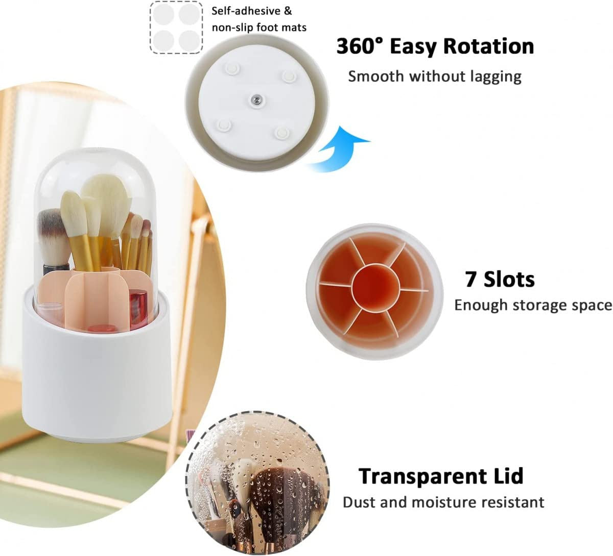 360° Rotating Makeup Brush Holder with Lid and Compartments