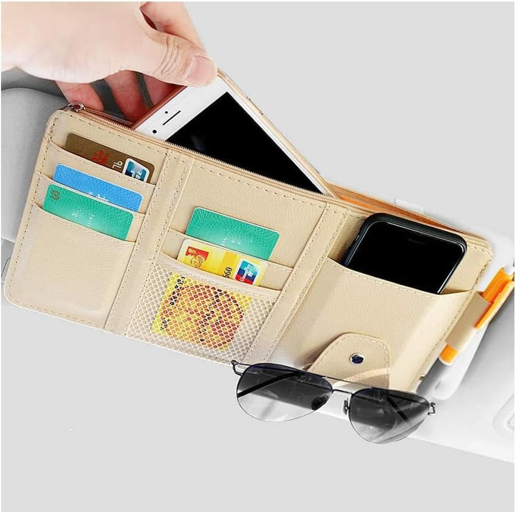 Multi-Pocket Car Sun Visor Organizer with Zipper & Elastic Straps
