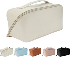 Leather Cosmetic Travel Bag with Handle & Divider, Large Capacity
