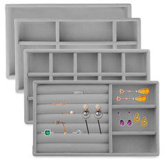 4-Pack Velvet Jewelry Trays - Grey Drawer Organizer Set