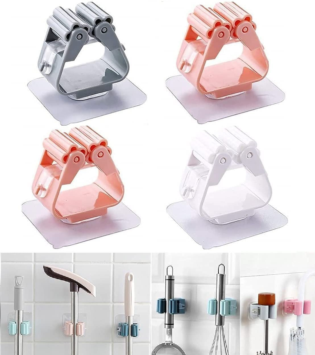 Wall-Mounted Plastic Broom and Mop Holder with Sticker - 1 Pc