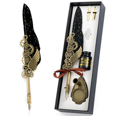 Vintage Carving & Calligraphy Pen Set with Feather & Ink