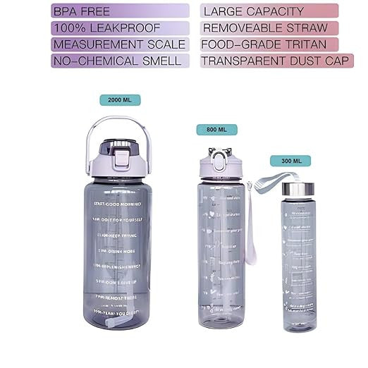 3-Pack Transparent Motivational Water Bottles for Drinking & Fitness