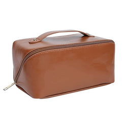 Leather Cosmetic Travel Bag with Handle & Divider, Large Capacity