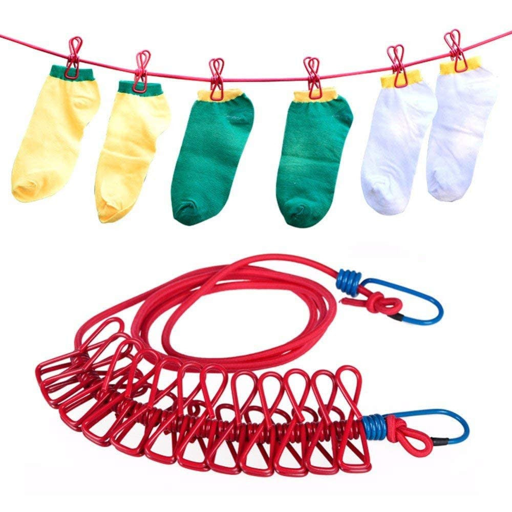 Multi-Color Travel & Home Stretchable Clothesline with 12 Clips