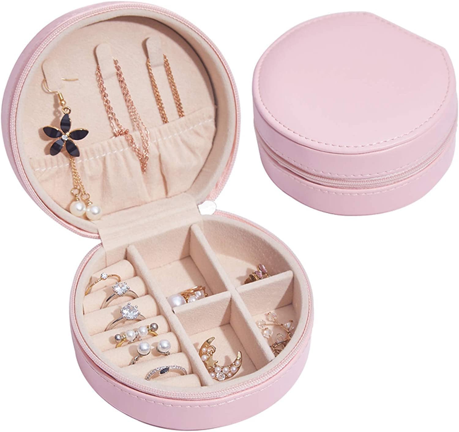 Round Mini PU Leather Jewelry Organizer Box for Travel and Storage
