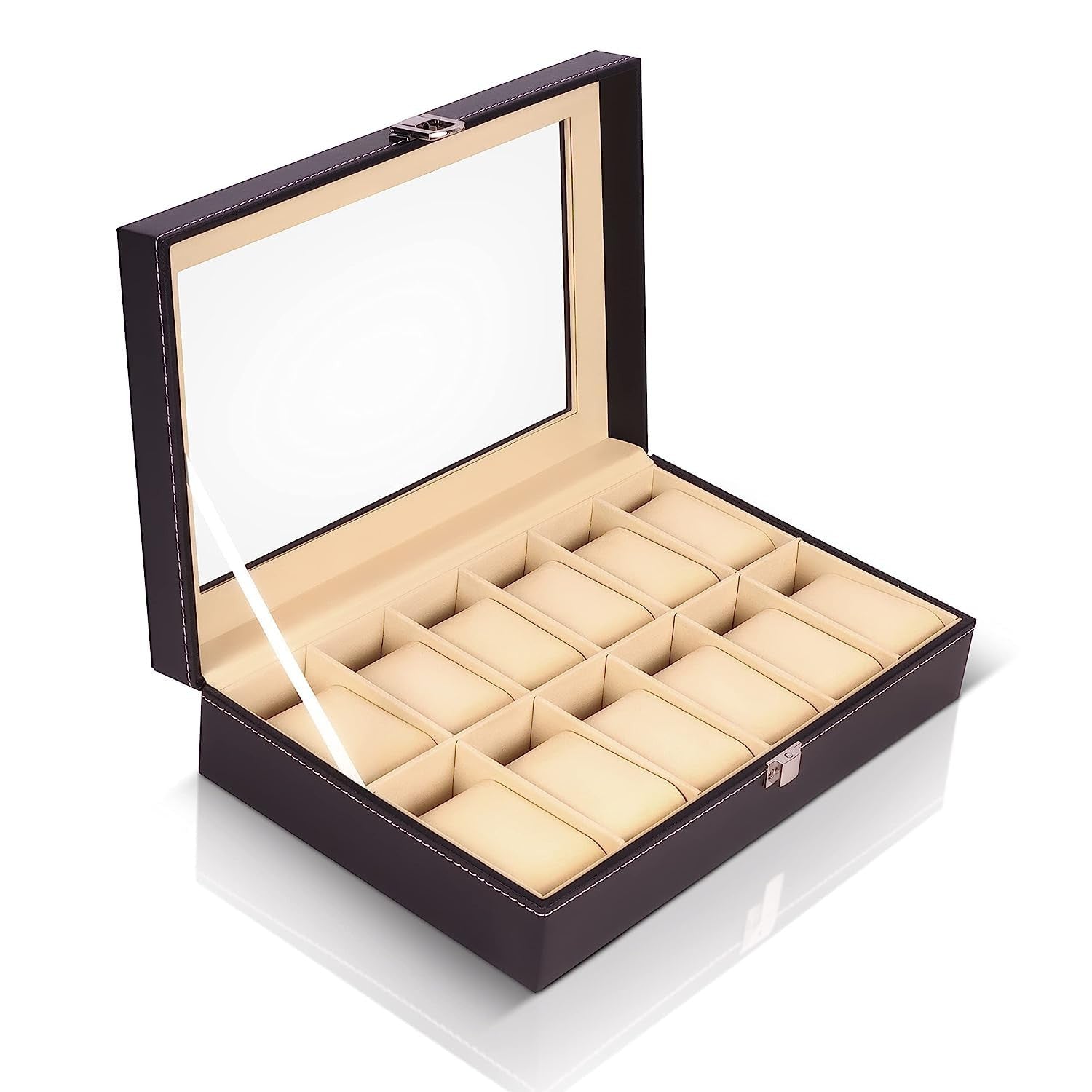 Genuine Leather 12-Slot Watch Organizer with Glass Display Case
