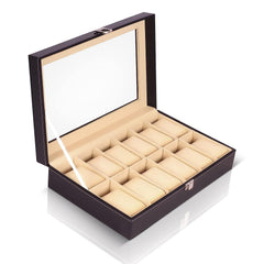 Genuine Leather 12-Slot Watch Organizer with Glass Display Case