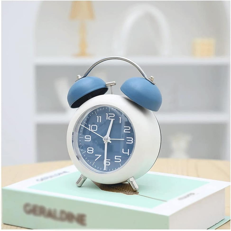 Blue Twin Bell Analog Alarm Clock - Silent Mini Table Desk Clock