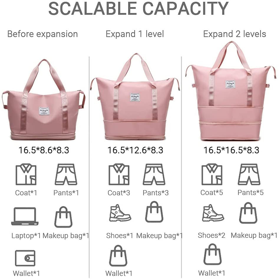 Large Expandable Pink Travel Duffel Bag with Wet Dry Pockets