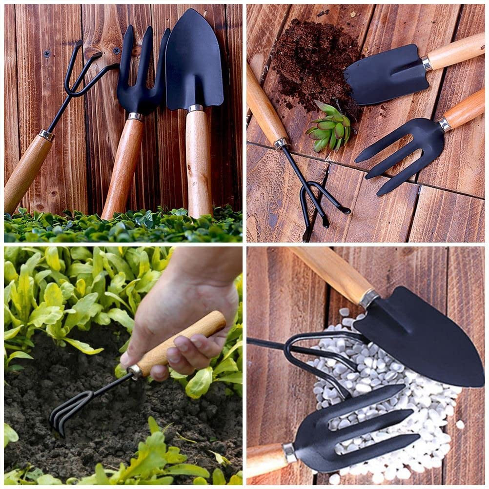 Small Gardening Tool Set with Wooden Handles for Soil Care