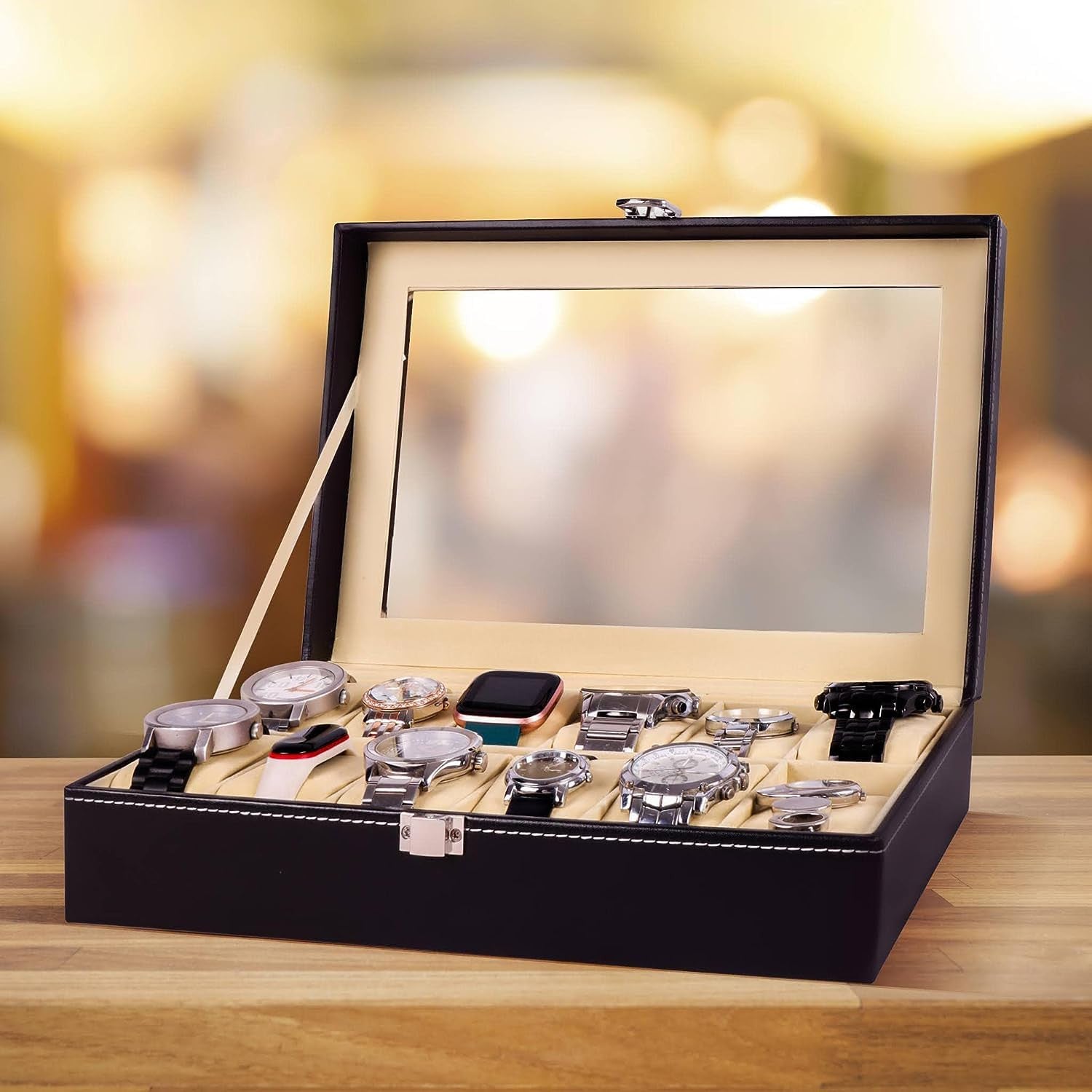 Genuine Leather 12-Slot Watch Organizer with Glass Display Case