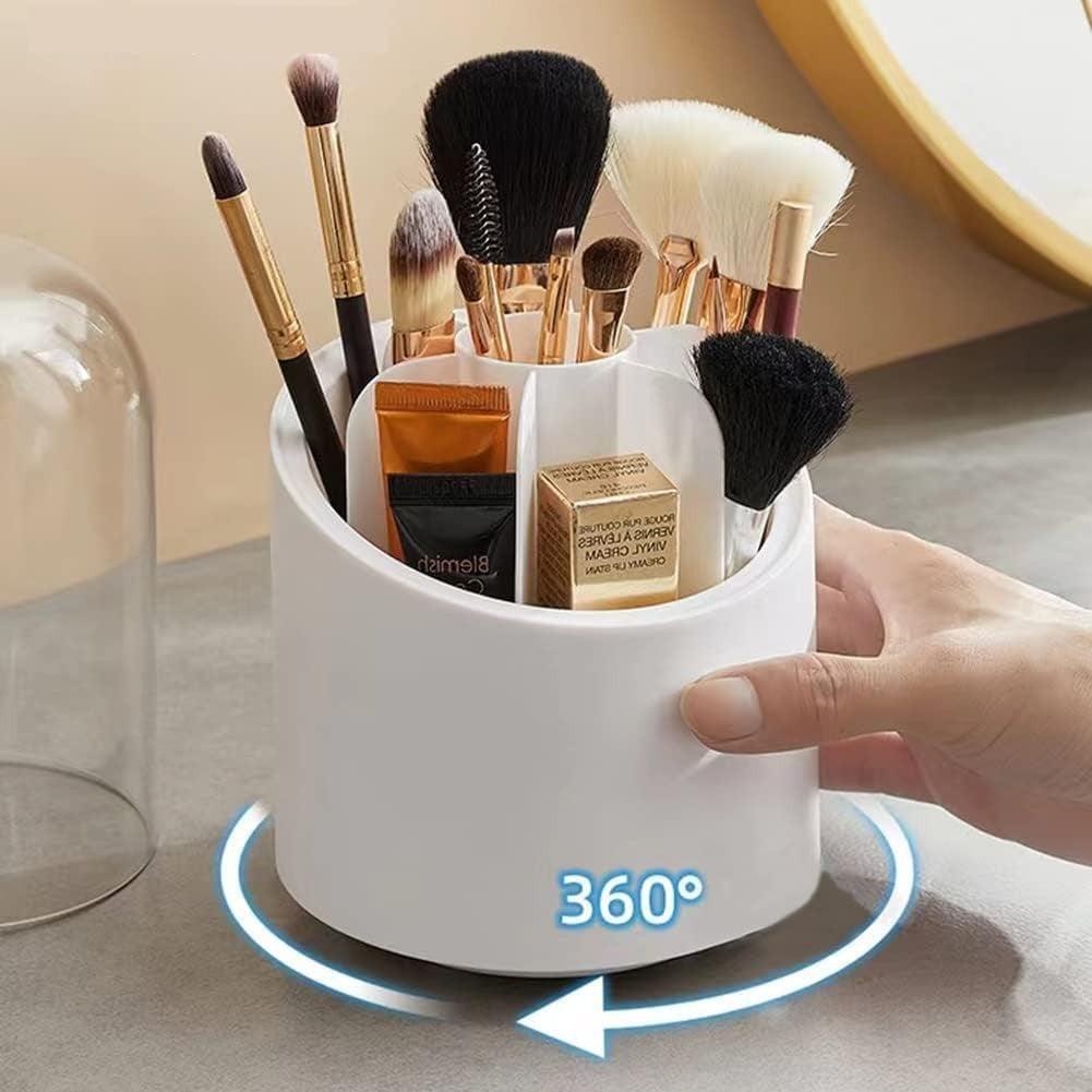 360° Rotating Makeup Brush Holder with Lid and Compartments