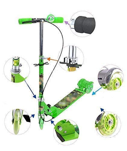 Kids Green Foldable 3-Wheel Scooter with Lights, Brake & Bell