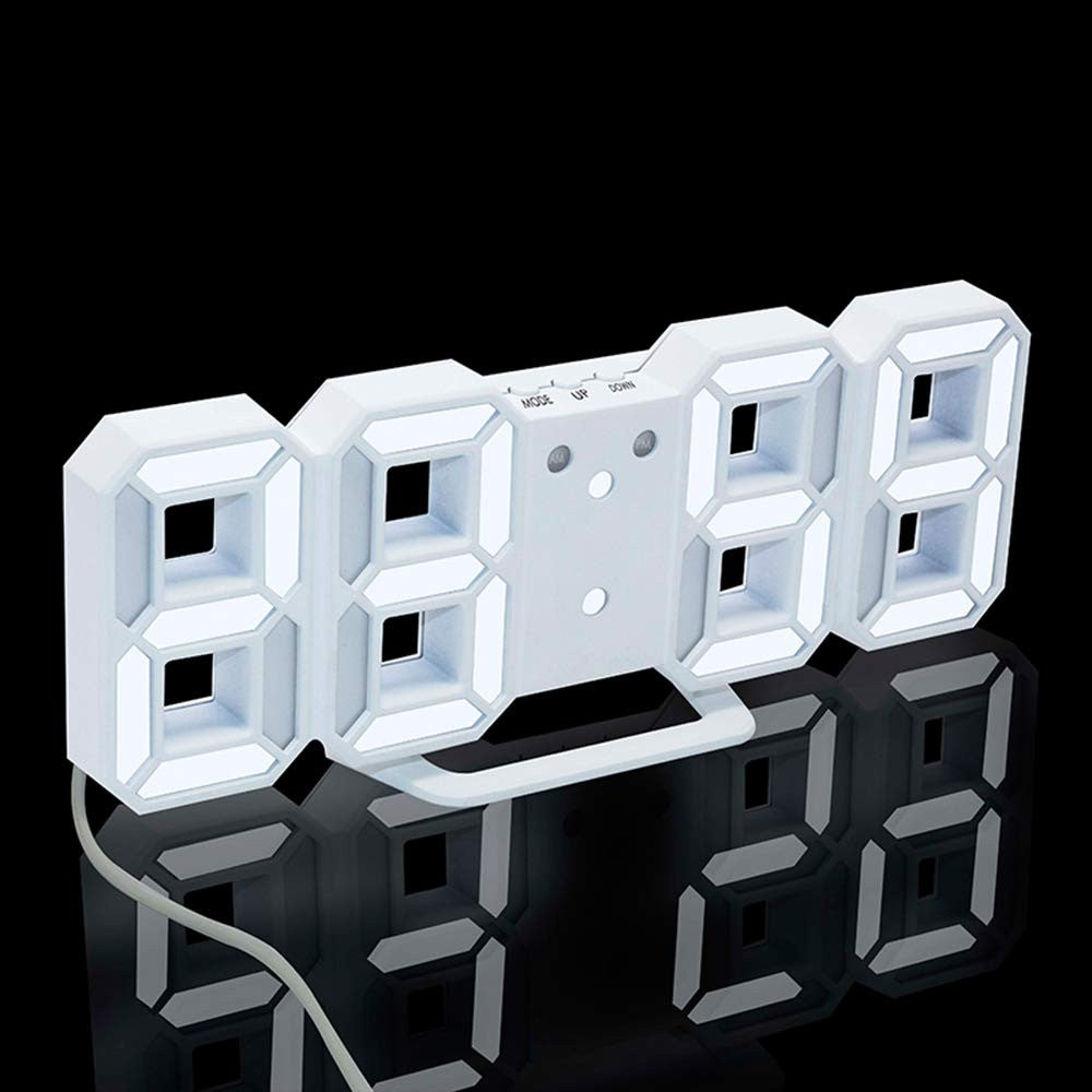 Modern White 3D LED Wall Clock with Alarm and Digital Display