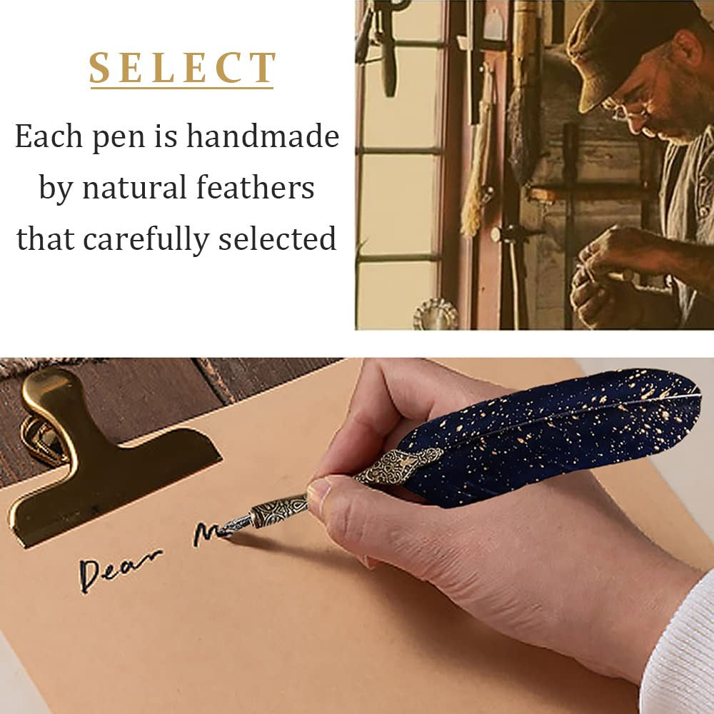 Vintage Carving Feather Pen Set with Ink, Nibs & Stand