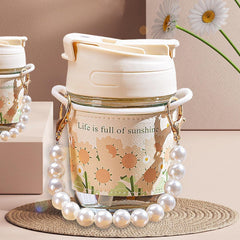 Elegant Pearl Chain Glass Coffee Mug with Straw and Sleeve