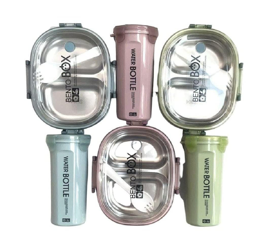 Stainless Steel 2-Compartment Lunch Box with Water Bottle