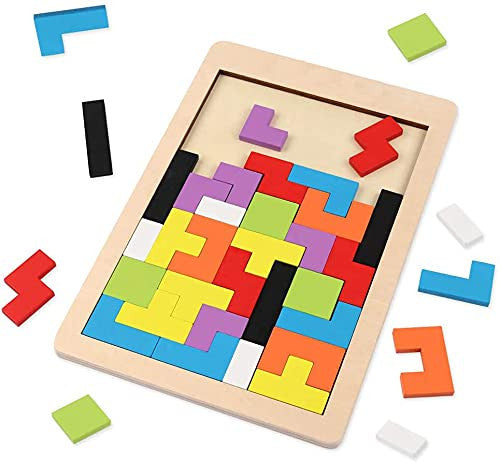 Colorful Wooden Tetris Jigsaw Puzzle for Brain Teasers & STEM Learning