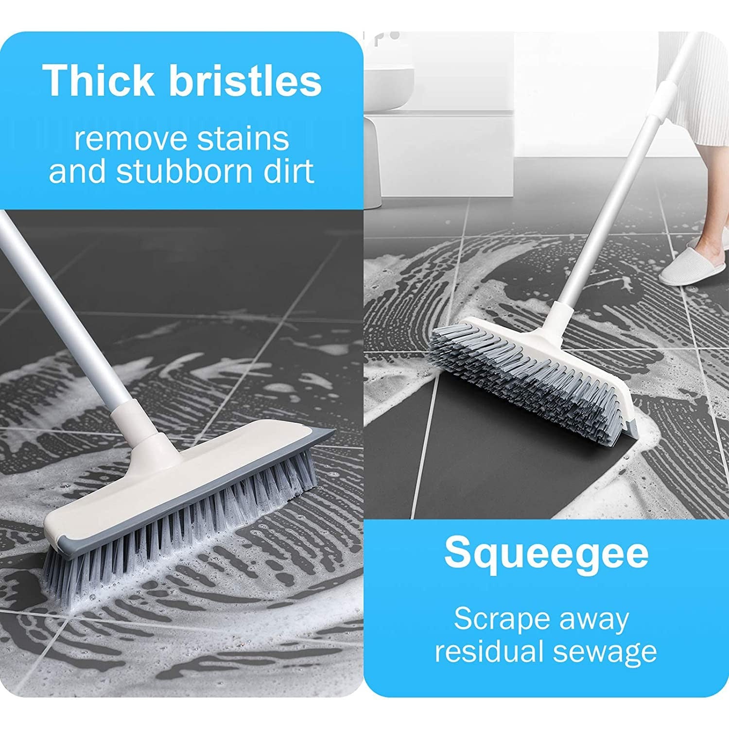 White 2-in-1 Bathroom & Floor Cleaning Brush with Wiper and Long Handle