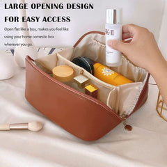 Leather Cosmetic Travel Bag with Handle & Divider, Large Capacity