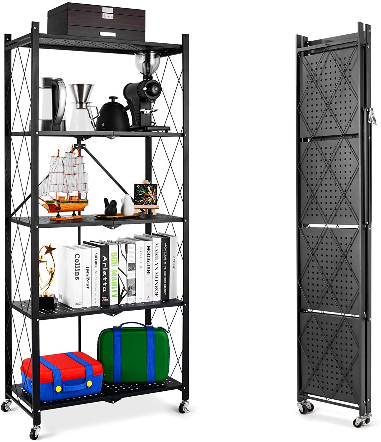 Rustic Brown 5-Layer Foldable Kitchen & Storage Rack on Wheels