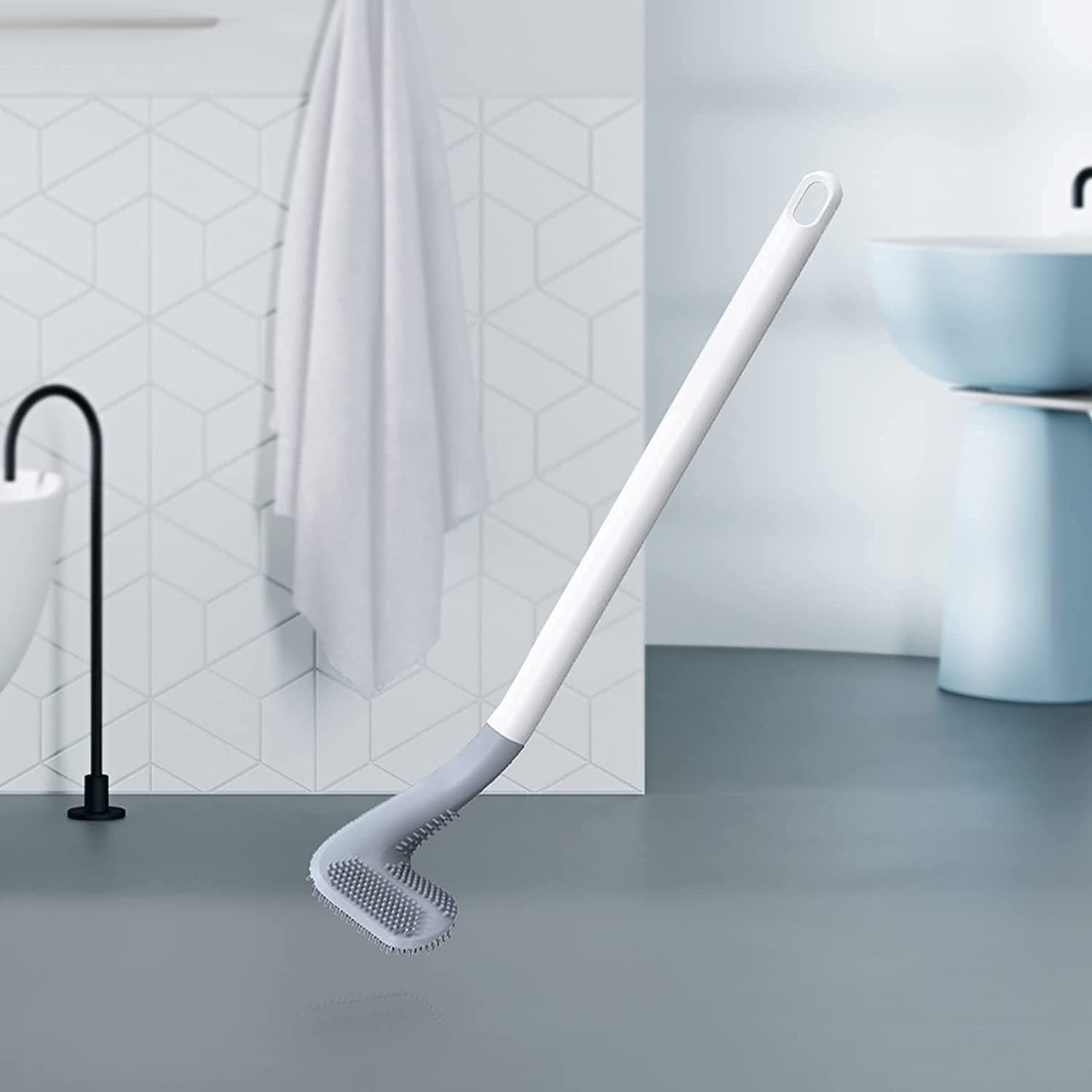 Flexible Silicone L-Shape Toilet Brush with Holder and Hooks