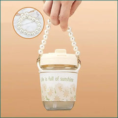 Elegant Pearl Chain Glass Coffee Mug with Straw and Sleeve