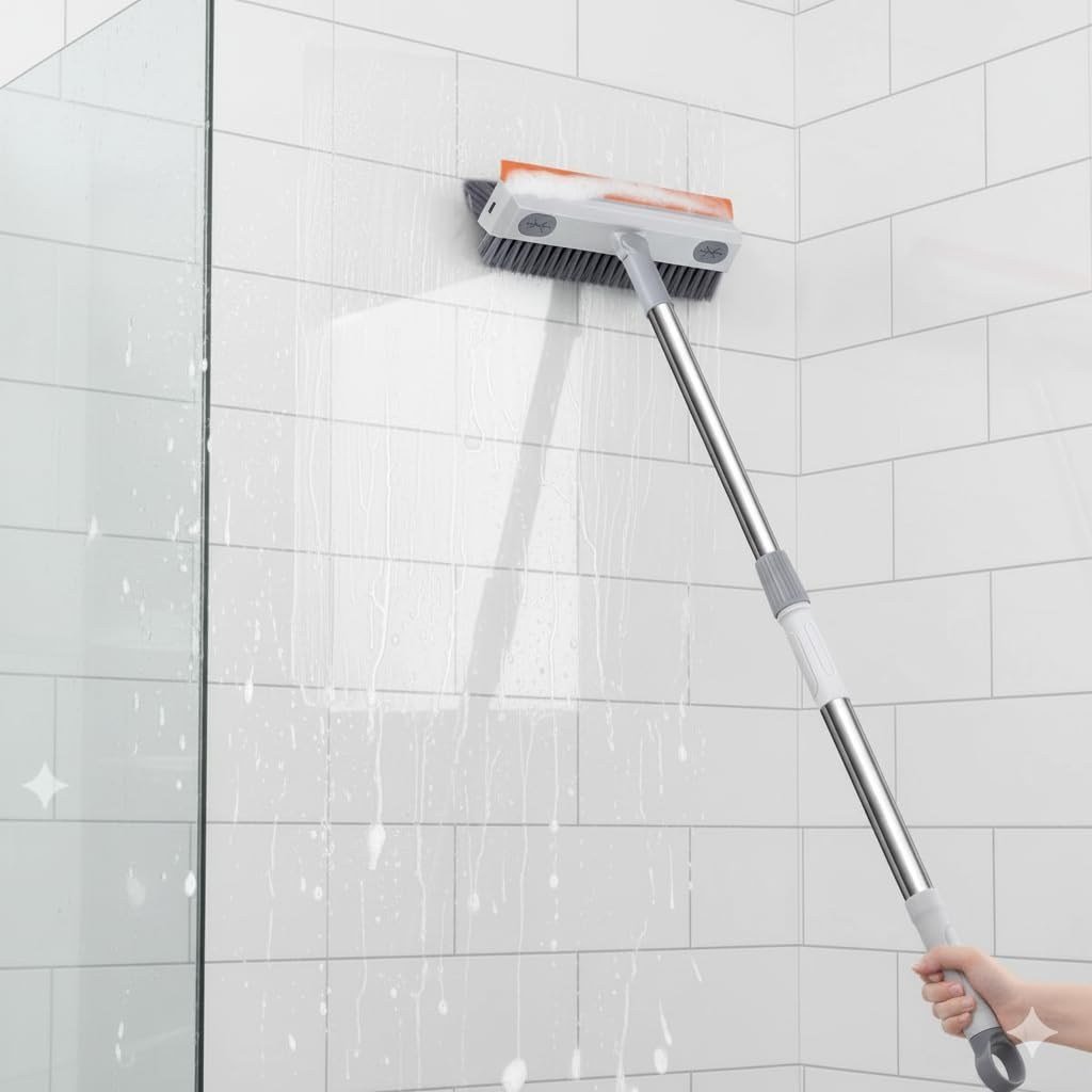 3-in-1 Orange Wiper & Bathroom Cleaning Brush with Rotating Head & Long Handle