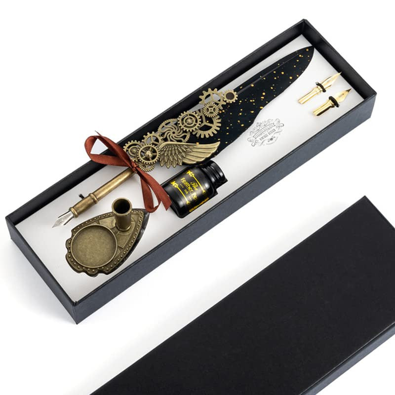 Vintage Carving & Calligraphy Pen Set with Feather & Ink