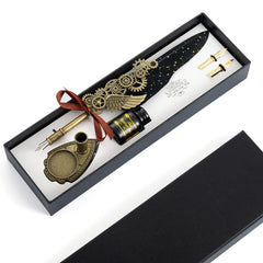 Vintage Carving & Calligraphy Pen Set with Feather & Ink