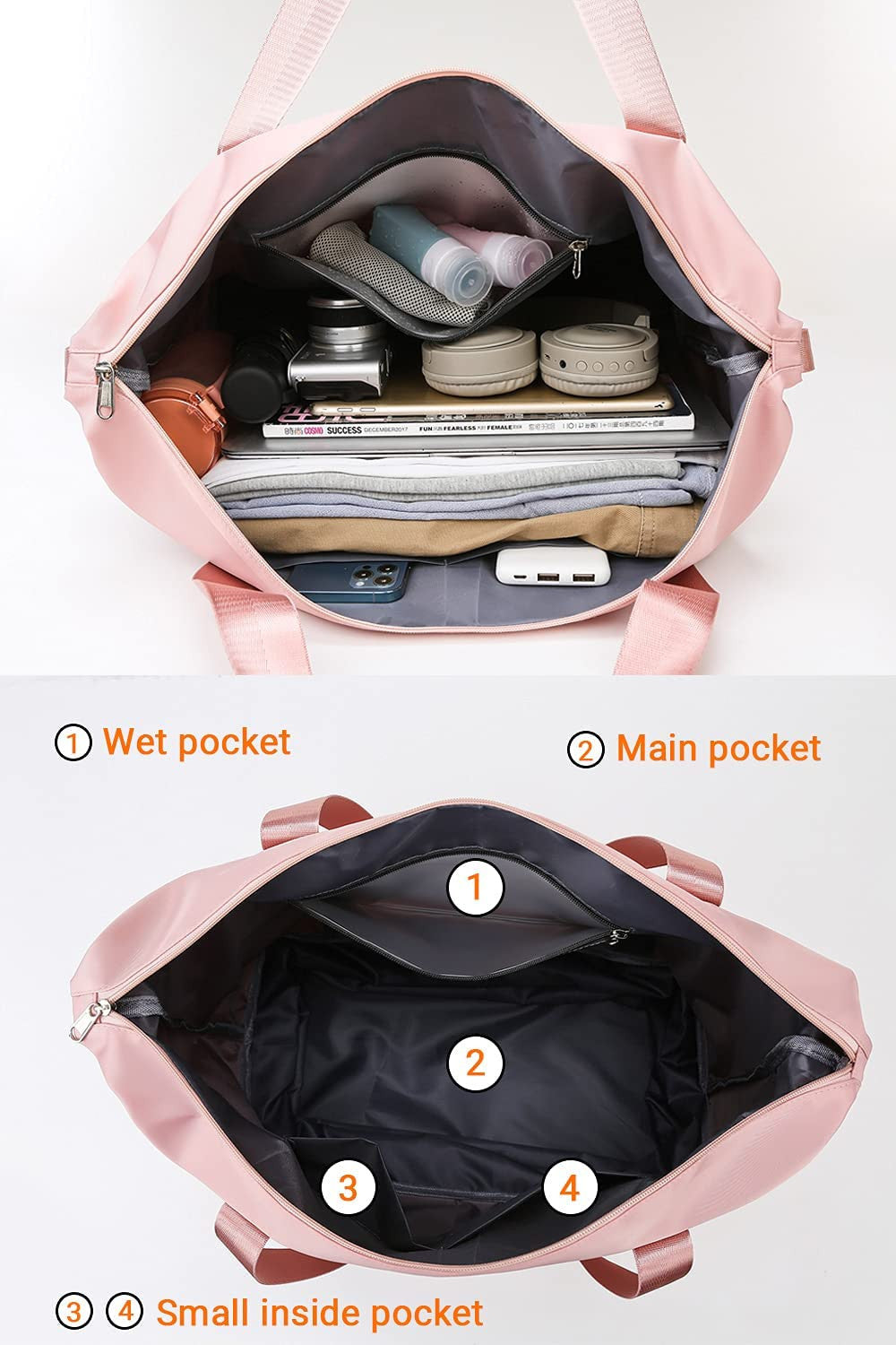 Large Expandable Pink Travel Duffel Bag with Wet Dry Pockets