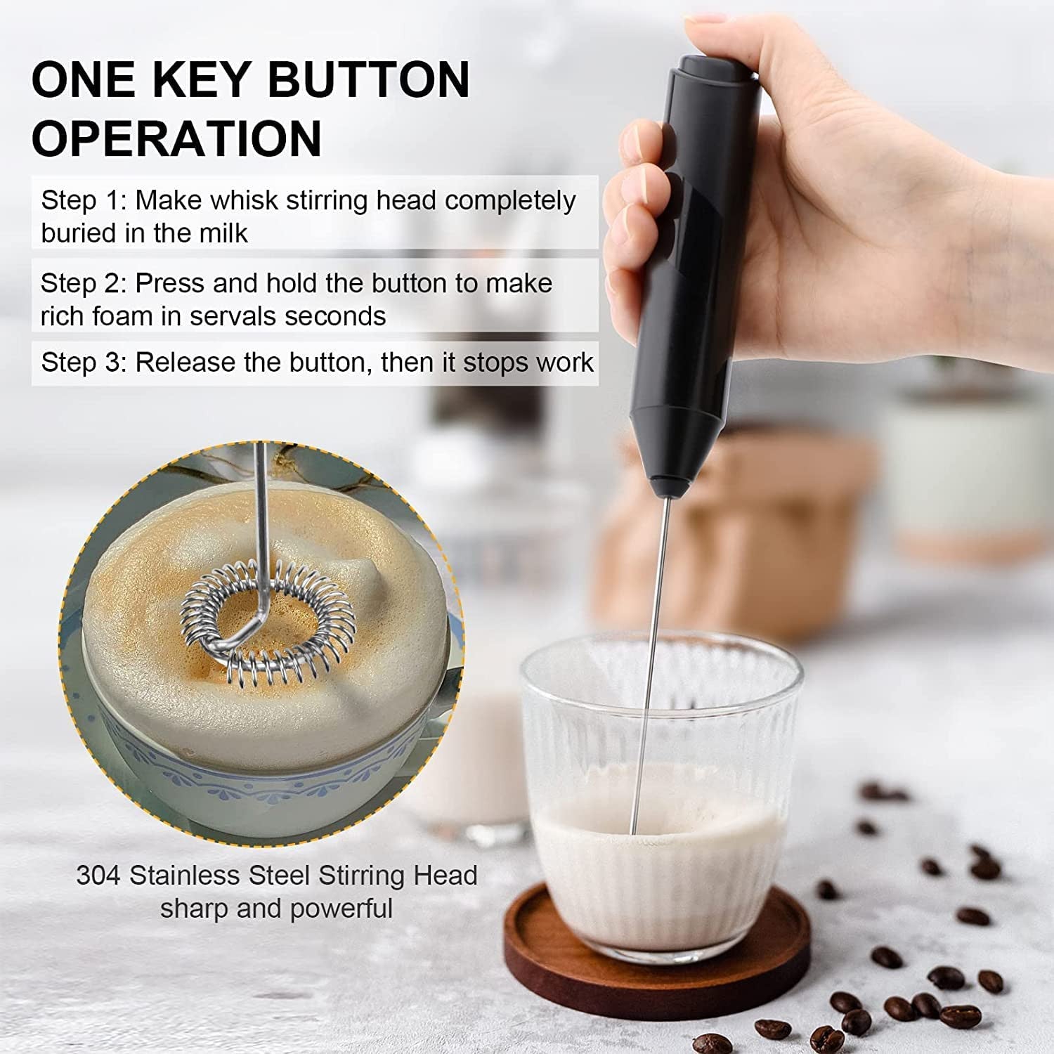 Electric Milk Frother with Ss Stand – Handheld Latte & Coffee Mixer