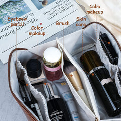 Leather Cosmetic Travel Bag with Handle & Divider, Large Capacity