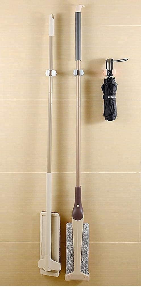 Wall-Mounted Plastic Broom and Mop Holder with Sticker - 1 Pc