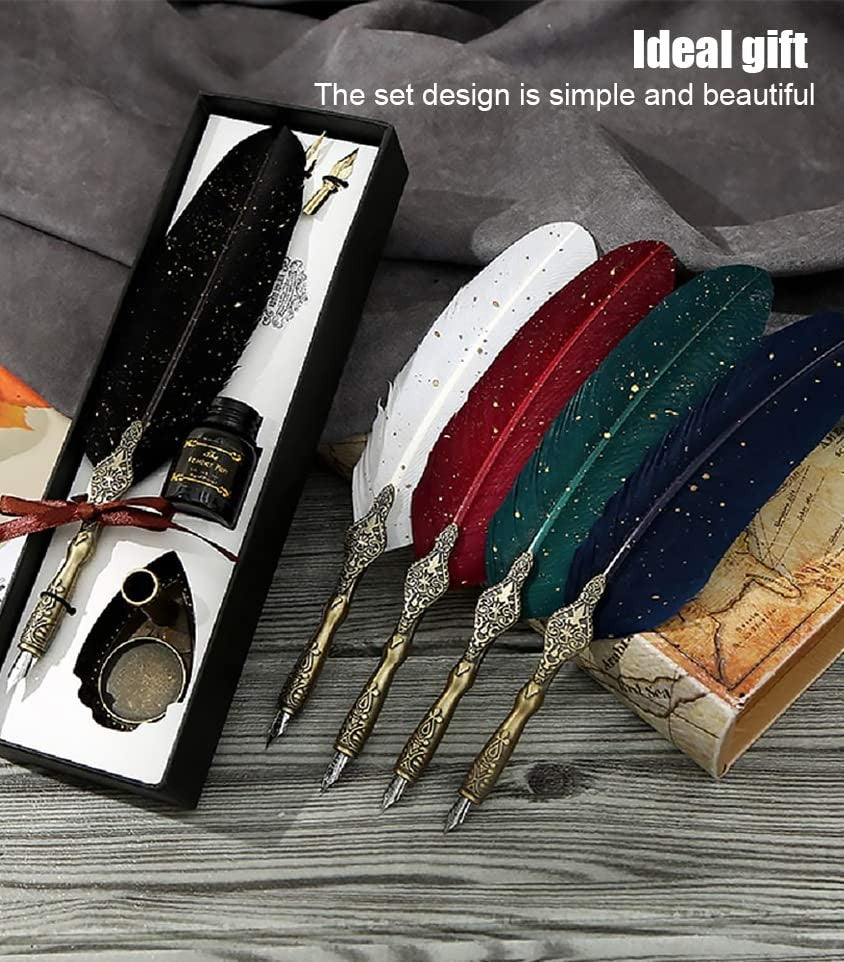 Vintage Carving Feather Pen Set with Ink, Nibs & Stand