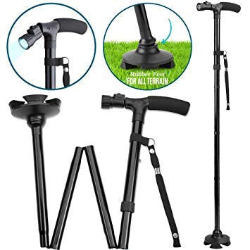Aluminum LED Folding Walking Stick with Light & Wooden Handle for Seniors