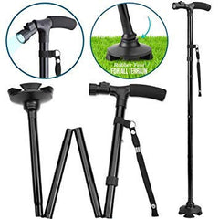 Aluminum LED Folding Walking Stick with Light & Wooden Handle for Seniors