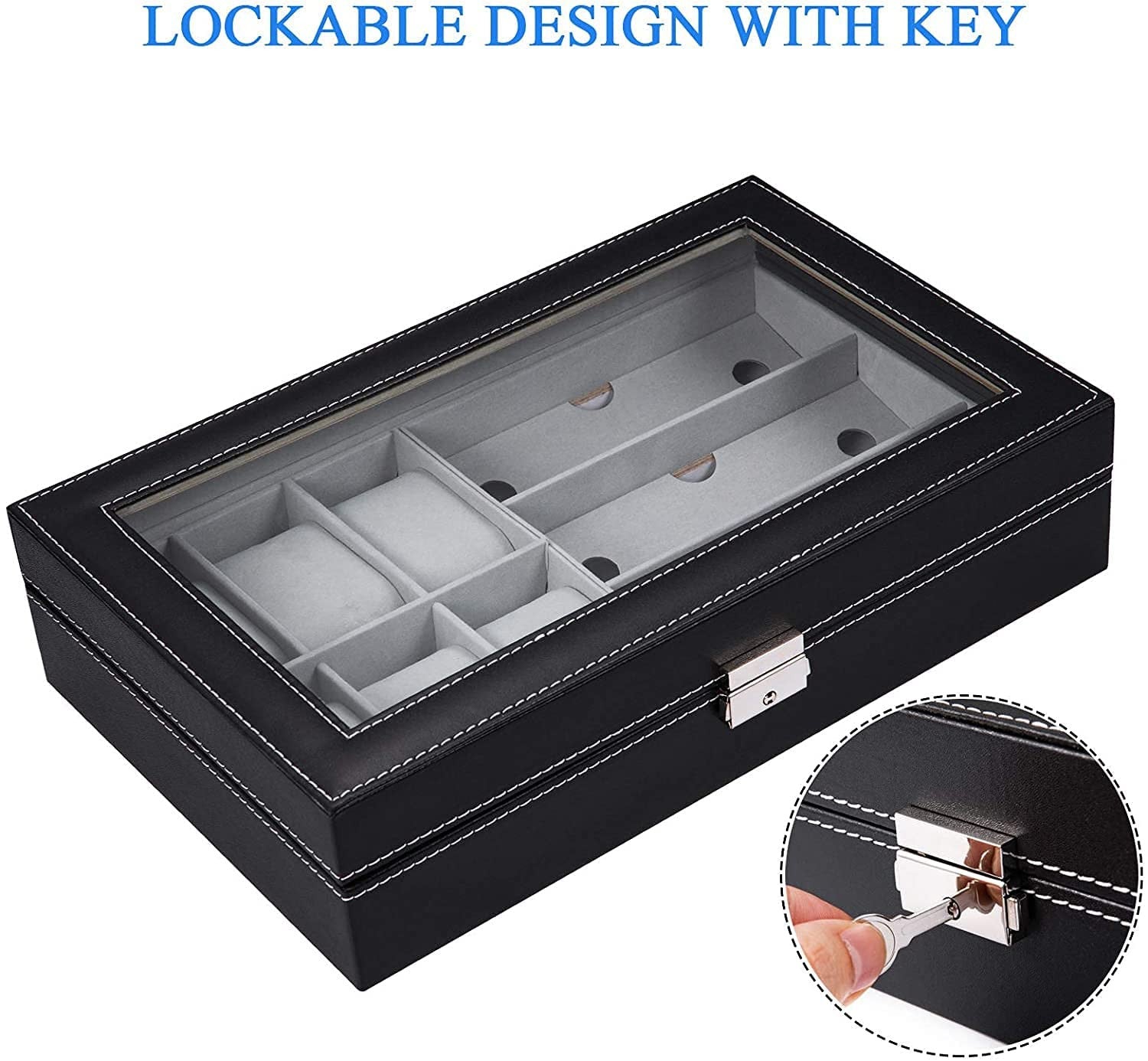 Elegant 6 Slot Watch & 3 Slot Sunglasses Organizer with Lock