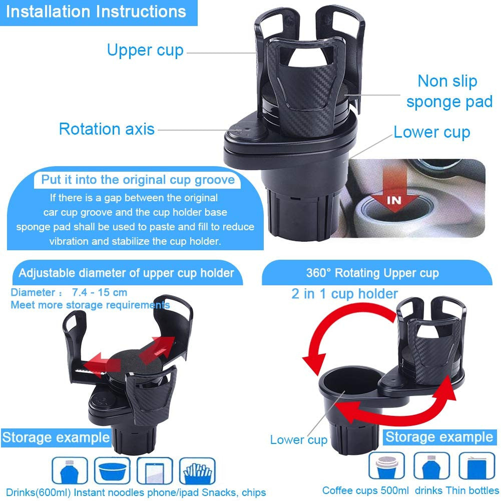Multifunctional 2-in-1 Car Cup Holder Extender with Phone & Snack Storage