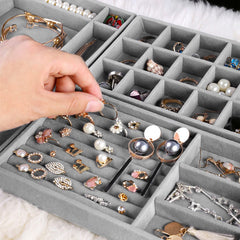 4-Pack Velvet Jewelry Trays - Grey Drawer Organizer Set