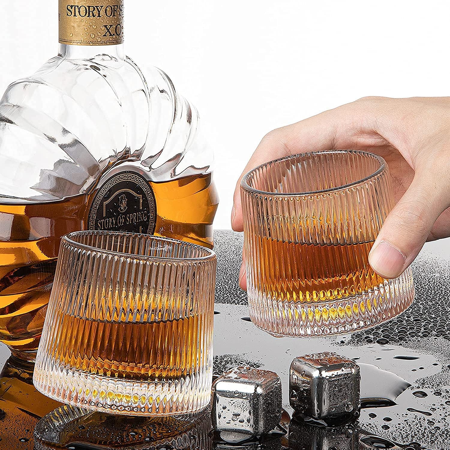 Set of 6 Rotatable Crystal Whiskey Glasses with Patterned Design
