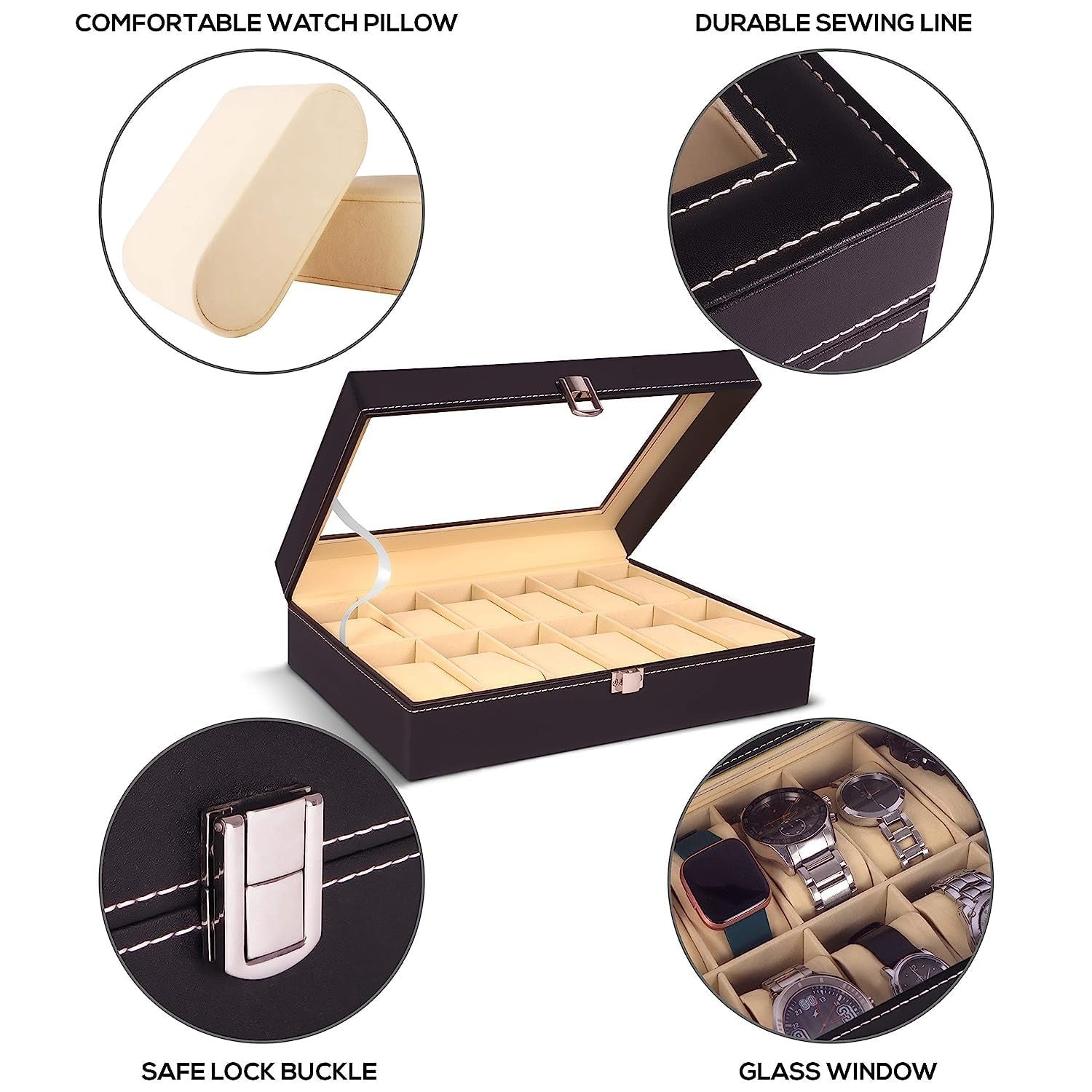 Genuine Leather 12-Slot Watch Organizer with Glass Display Case