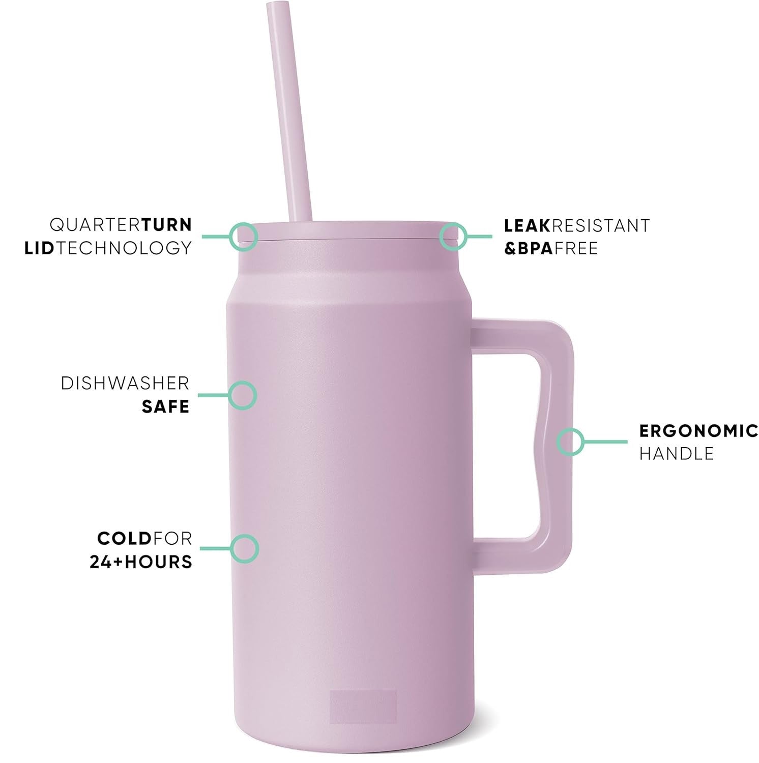Lavender 1500ml Insulated Mug with Handle and Straw